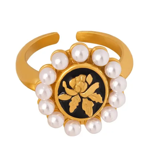 FXRT233 Sunflower Pearl Open Ring Baroque Style Oil Drip Geometric Jewelry for Women