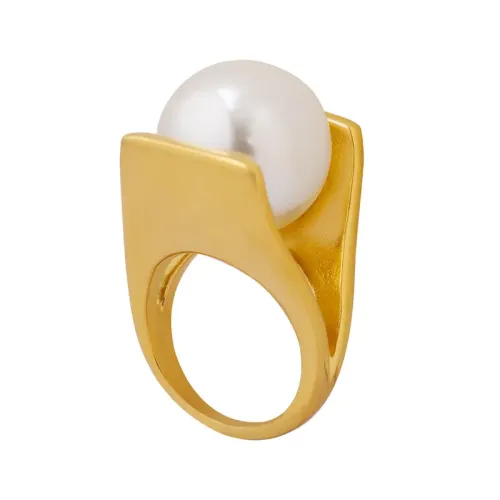 FXRT36 18K Gold Plated Y Shaped Women's Ring with Imitation Pearl Italian Designer Jewelry