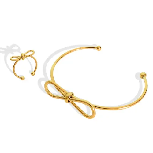 FXRT223 Sweet Korean Bow Jewelry Set Open Ring & Bracelet Combo in Pastoral Style