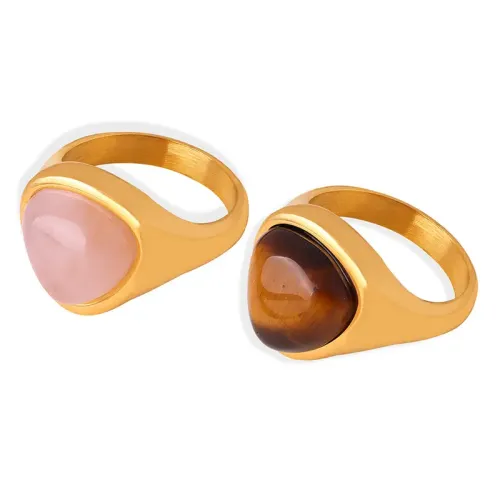FXRT6 Rose Quartz & Tiger Eye Stone Couple Rings Natural Gemstone Love Bands