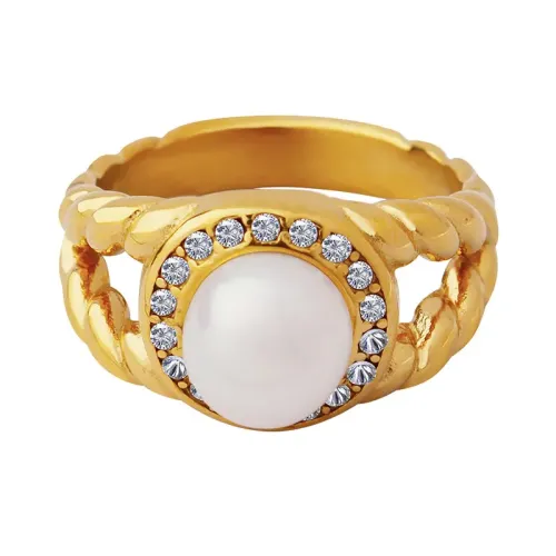 FXRT129 Elegant Zircon Freshwater Pearl Women's Ring, 18K Gold Plated Fashion Wholesale