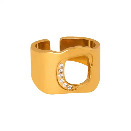 FXRT308 Unique 3D Hollow Gold Plated Ring with Diamond Settings, Irregular Geometric Design