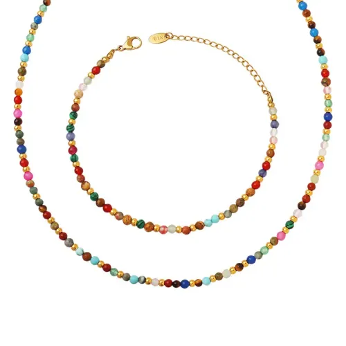 FXBT34 Bohemian Ethnic Jewelry Set Colorful Natural Stone Beads Necklace & Bracelet