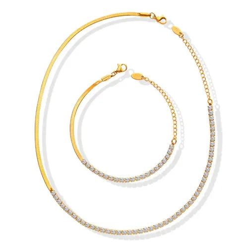 FXBT221 Luxurious Diamond & Zircon Mosaic Gold-Plated Necklace and Bracelet Set with Snake Chain