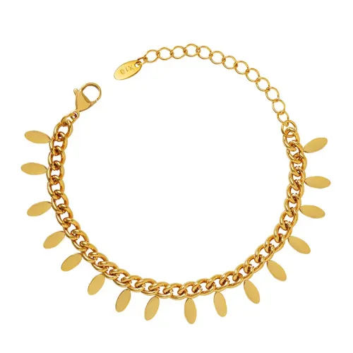 FXBT196 18K Gold Plated Thai Chain Bracelet with Leaf Tassel Charm Elegant Jewelry