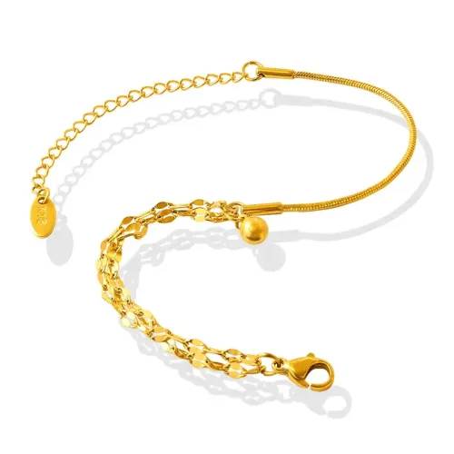 FXBT324 Double-Layer Lip Chain Bracelet with Steel Ball Pendant 18K Gold-Plated