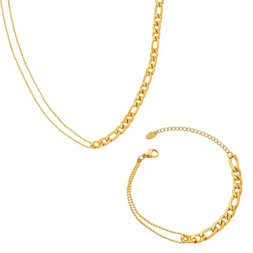 FXBT227 18K Gold-Plated Double-Layered Ball Bead Necklace & Bracelet Jewelry Set