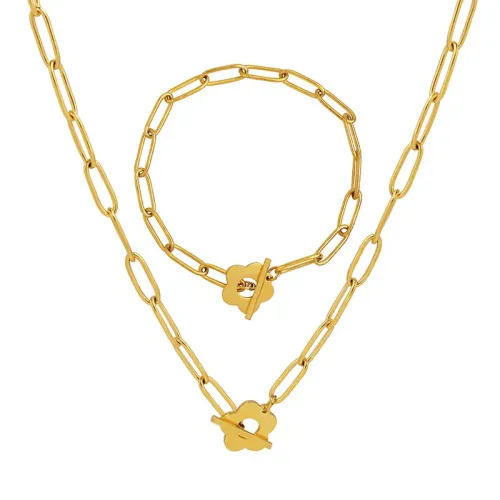 FXBT206 Geometric Plum Blossom OT Buckle Necklace & Bracelet Set Xiao Qing Thick Chain Jewelry