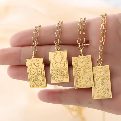 FXBT235 Unisex Sun Moon Embossed Pendant Necklace 18K Real Gold Plated Clavicle Chain Jewelry