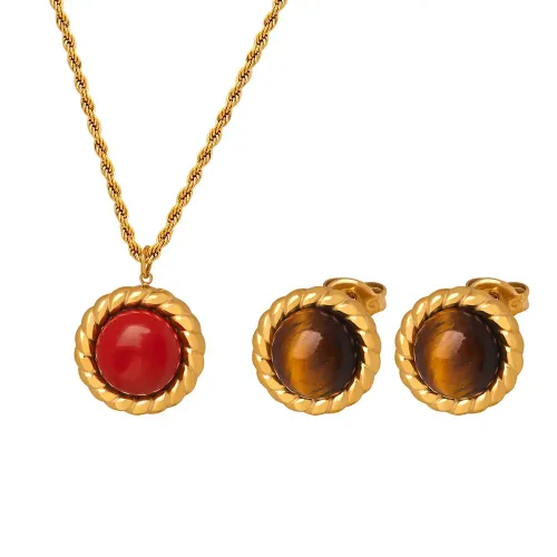 FXBT22 Women's Tiger Eye Stone Pendant Necklace Set with Electroplated Snake Chain