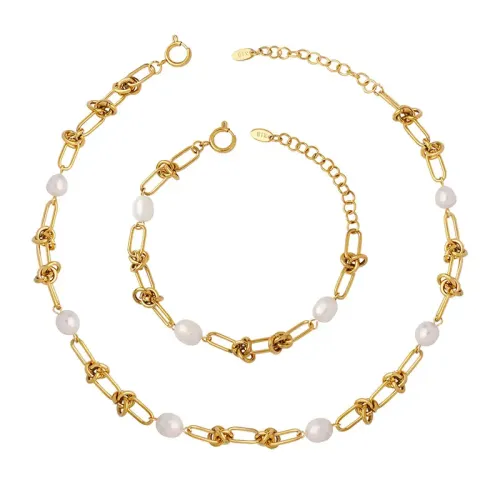 FXBT25 Gold-Plated Twist Chain Set with Freshwater Pearl Necklace & Bracelet