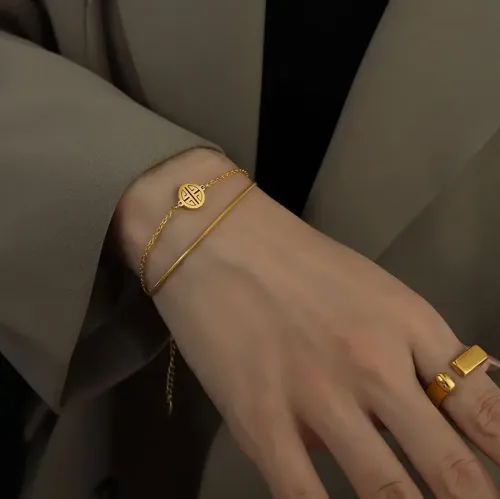 FXBT17 18K Gold Double Layer Snake Chain Bracelet with Chinese 'Happy' Round Plate