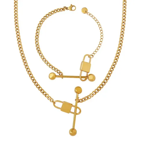FXBT182 Elegant 18K Real Gold Lock Necklace and Bracelet Set Small Waist Design Non-Fading Jewelry