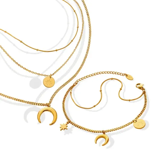 FXBT222 Celestial Charm Star Moon Sun Jewelry Set Necklace & Bracelet Combo
