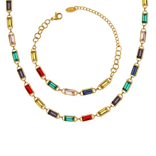 FXBT84 Chic Colorful Rhinestone Necklace & Bracelet Set Trendy Jewelry Ensemble