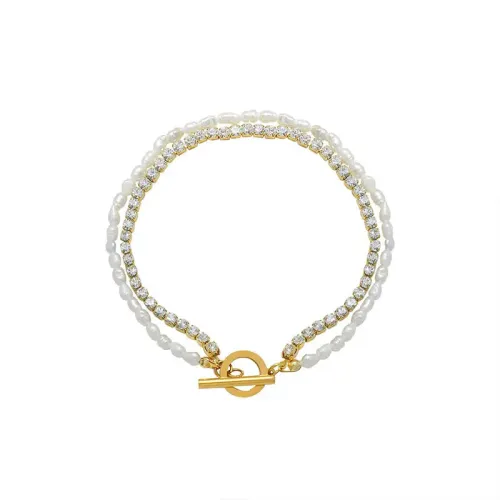 FXBT237 18K Real Gold Double Layer Freshwater Pearl & Zircon Bracelet for Women