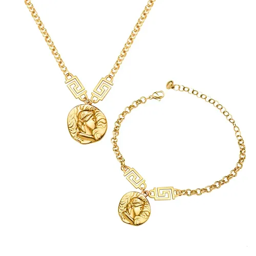 FXBT242 Queen Image 18K Gold Happy Word Bracelet & Clavicle Necklace Jewelry Set