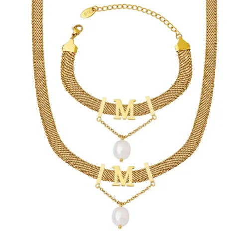 FXBT199 Gold Plated 'M' Initial Pearl Choker & Tassel Bracelet Set for Women