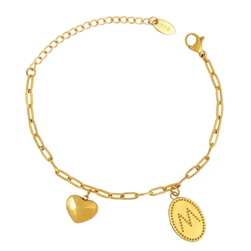 FXBT337 18K Gold Plated Women's Bracelet Round 'M' engrave Peach Heart Love Pendant