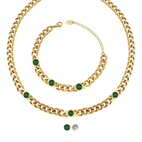 FXBT212 Gold-Plated Cuban Chain Jewelry Set with White & Green Zirconia Necklace and Bracelet Combo