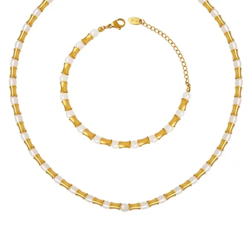 FXBT40 Ethnic Chinese Freshwater Pearl Waist Necklace & Bracelet Set Exquisite Jewelry Accessories