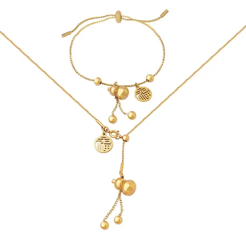 FXBT131 18K Gold Plated Jewelry Set with Fu Charm Ethnic Gourd Bracelet & Necklace