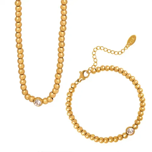 FXBT73 Gold Plated Chinese Style Necklace & Bracelet Set with Zircon Pendant Beaded Jewelry Ensemble