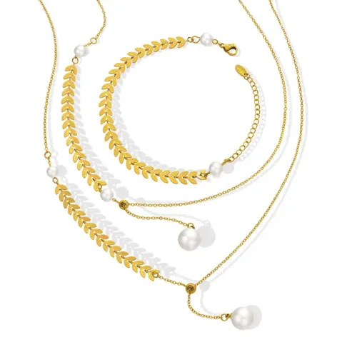 FXBT289 Chic Geometric Pearl Pendant & Wheat Chain Necklace-Bracelet Set for Jewelry Enthusiasts
