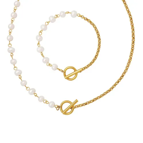 FXBT48 Gold Plated Freshwater Pearl Jewelry Set with OT Buckle Bracelet & Necklace Combo