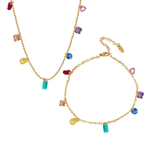 FXBT42 18K Gold Plated Jewelry Set with Rainbow Diamond Zircon Midsummer Dream Necklace & Bracelet