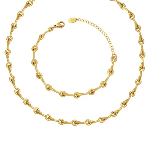 FXBT160 Gold-Plated Hook-Shaped Chain Necklace & Bracelet Set Heavy Craftsmanship Jewelry