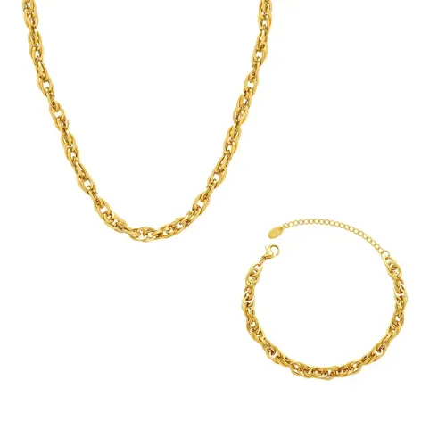 FXBT115 18K Gold Plated Stainless Steel Thick Chain Necklace & Bracelet Jewelry Set