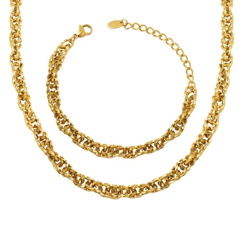 FXBT91 Gold-Plated Geometric Hollow Interlocking Chain Necklace & Bracelet Jewelry Set