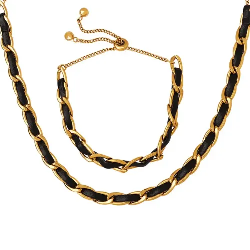 FXBT110 Women's Black Leather Tassel Ball Pendant & Bracelet Jewelry Set