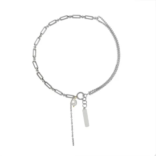 FXBT321 Elegant Silver Pearl Diamond Flower Chain Bracelet Necklace Set for Women