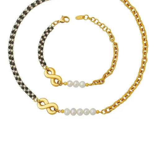 FXBT271 Chic B&W Zircon Cuban Link Chain & Freshwater Pearl '8' engrave Jewelry Set