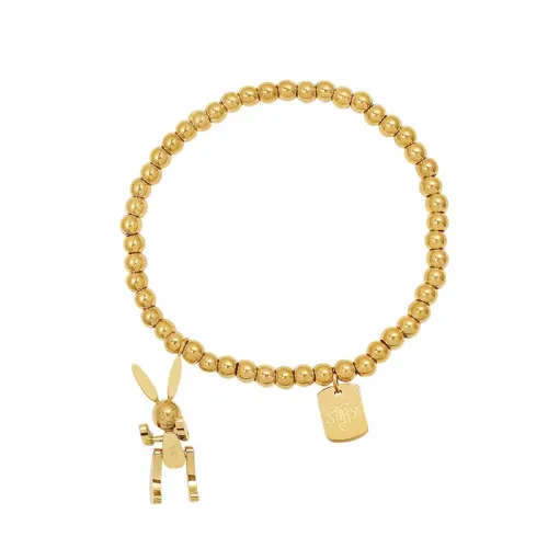 FXBT192 18K Gold-Plated Rabbit Charm Ball Bracelet with Elastic Cord for Women