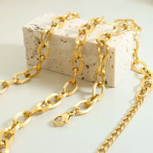 FXBT210 Gold Plated Thick Chain Necklace & Bracelet Set Brushed Stacking Jewelry