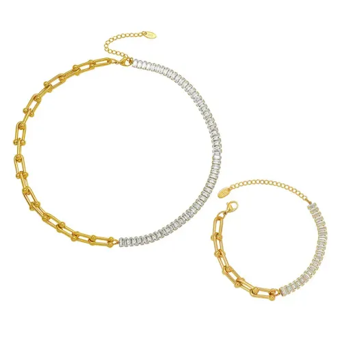 FXBT342 18K Gold-Plated U-Shaped Horseshoe Bracelet & Necklace Set Stainless Steel Jewelry