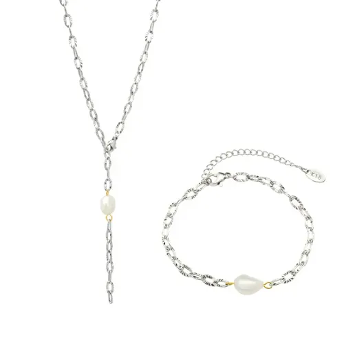 FXBT170 18K Gold-Plated Freshwater Pearl Set Thick Chain Necklace & Bracelet Combo