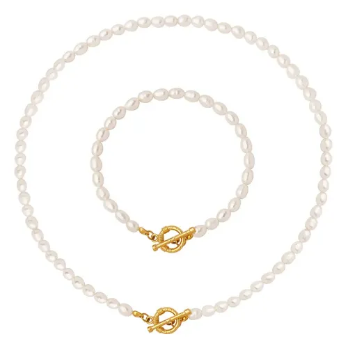 FXBT7 Elegant Freshwater Pearl Necklace & Bracelet with OT Buckle Baroque Luxury