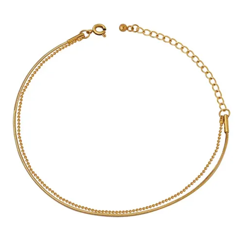 FXBT144 Minimalist Double-Layered Gold-Plated Bracelet with Flat Snake & Rice Bead Chains