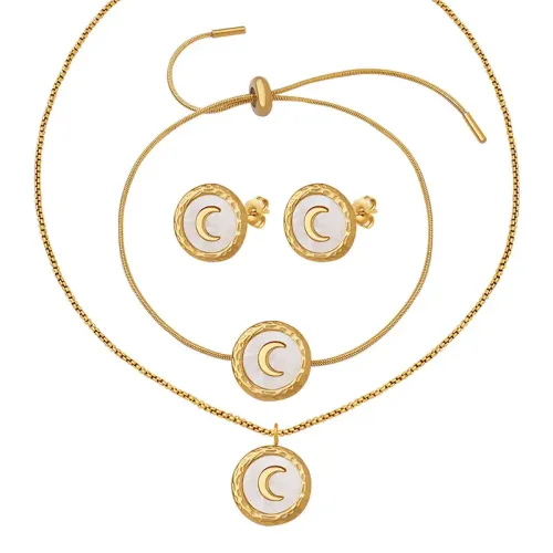 FXBT137 Crescent Moon Jewelry Set with White Shell Necklace Earrings & Women’s Adjustable Bracelet