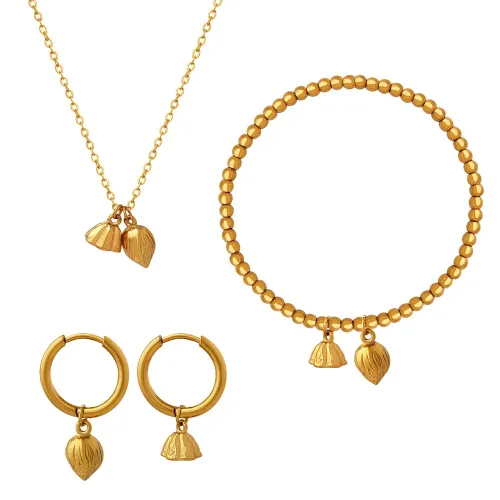 FXBT104 18K Real Gold Plated Ethnic Lotus Jewelry Set Purse Necklace Bracelet & Earrings for Women