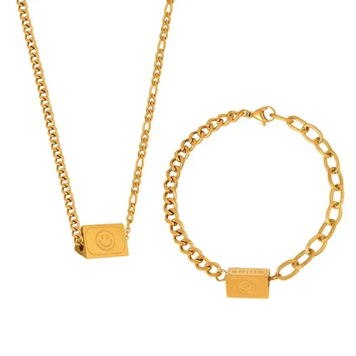 FXBT261 Chic Smiley Face & engrave Tassel Pendant Necklace and Bracelet Set for Couples