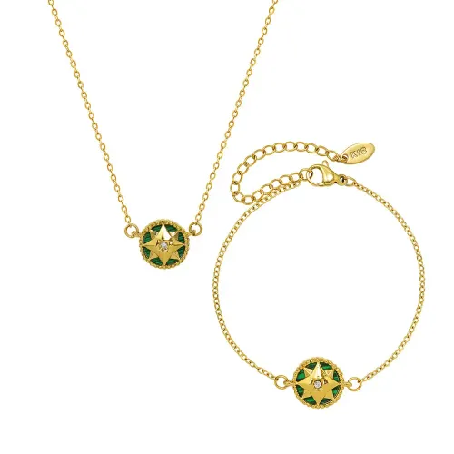 FXBT314 18K Gold Emerald Acrylic Zirconia Pendant Necklace & Bracelet Jewelry Set