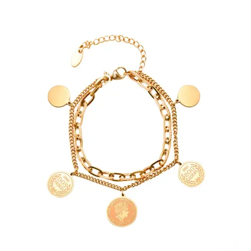 FXBT334 Women's Double Layer Coin Bracelet 18K Real Gold Plated Stacked Jewelry