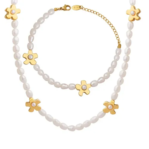 FXBT90 Chic Flower Pendant & Freshwater Pearl Set Irregular Oval Necklace and Bracelet