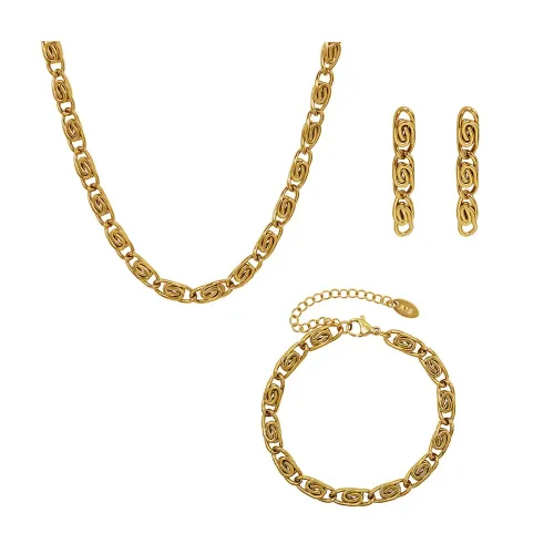 FXBT132 Gold Plated Geometric Jewelry Set Thick Chain Necklace Bracelet & Earrings