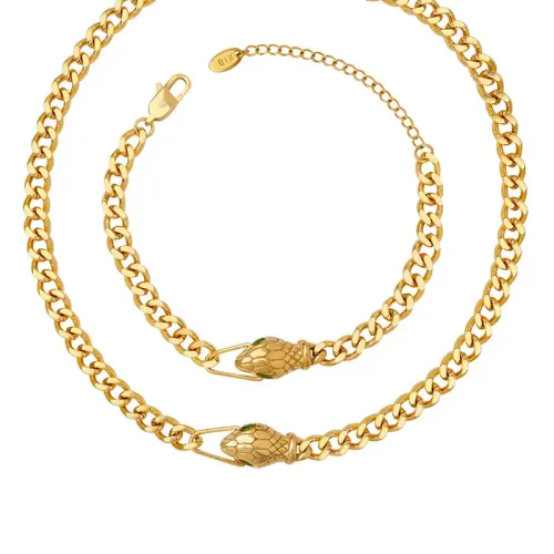 FXBT31 Gold Plated Snake Head Necklace & Green Zirconia Bracelet Jewelry Set